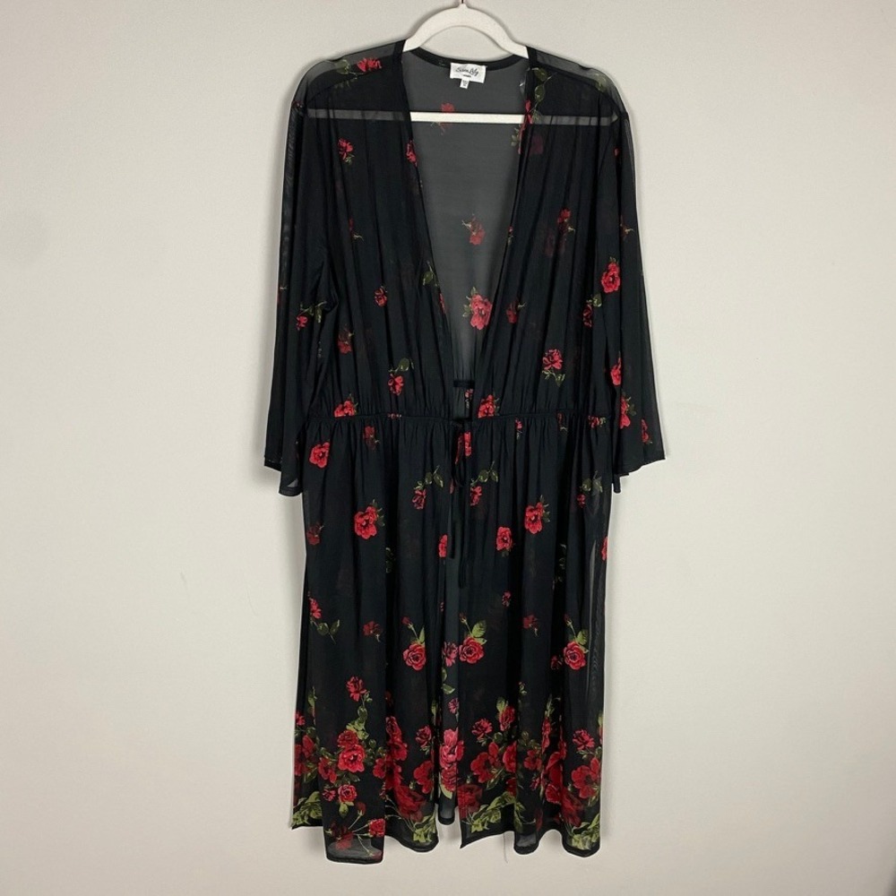 Siren Lily Floral Mesh Duster Sheer Kimono Coverup Womens 3X Rose Longline Tie